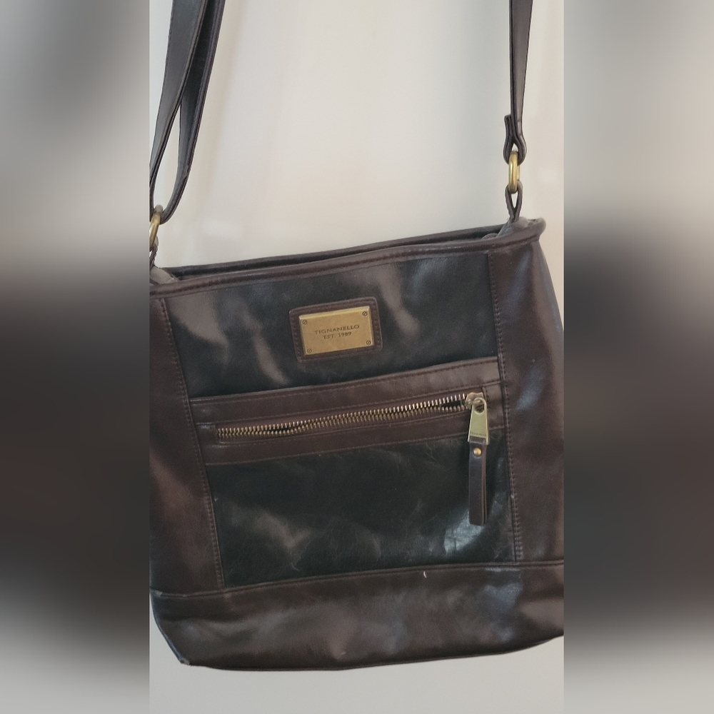 Tignanello Timberland Dark Brown Black Leather Messenger Bag